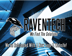 New RavenTech logo (Raven above a multi-cable tech cube) next to text RAVENTECH "We Find The Solutions". City highrises are in the background